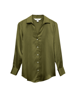 Satin Collared V-Neck Button Through Shirt