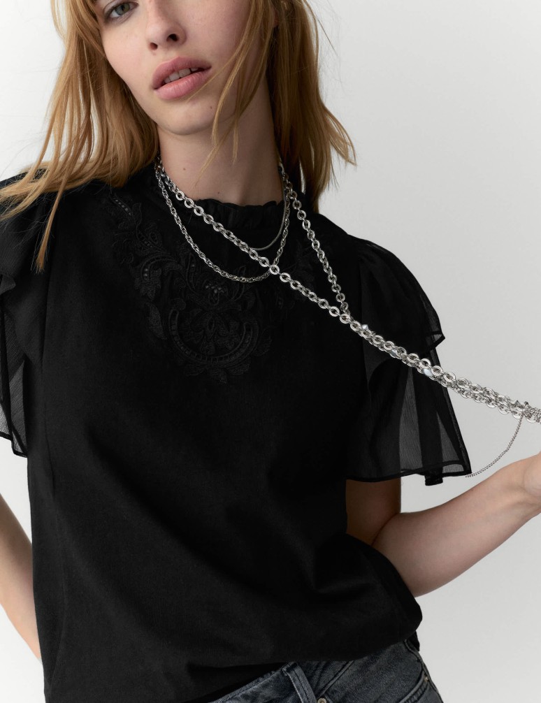 Pure Cotton Embroidered Crew Neck Top