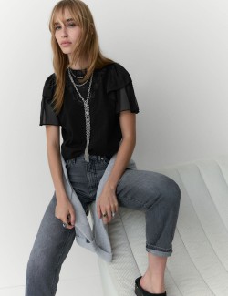 Pure Cotton Embroidered Crew Neck Top