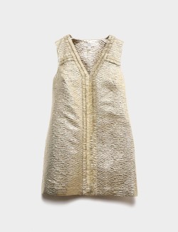 Gold Jacquard V-Neck Mini Shift Dress