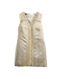 Gold Jacquard V-Neck Mini Shift Dress