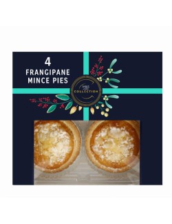 4 koláčky z křehkého máslového (10 %) těsta z pšeničné mouky a pšeničné mouky z farem (4 %) plněné směsí (32 %) s rozinkami, bru