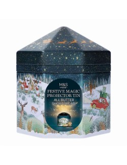 Kolekce zázvorových sušenek a křehkých máslových sušenek s kousky čokolády v hrací a svítící plechovce