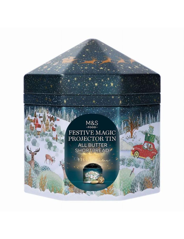 Kolekce zázvorových sušenek a křehkých máslových sušenek s kousky čokolády v hrací a svítící plechovce