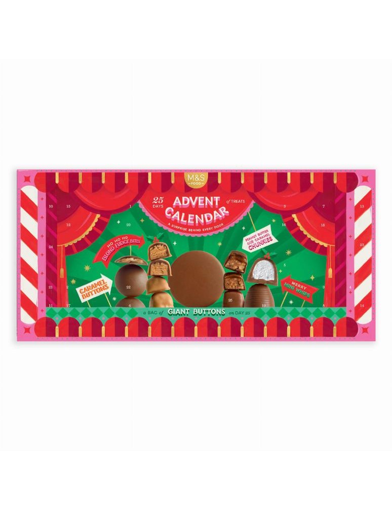 Adventní kalendář s čočkami z ml. čokolády, tyčinkami z ml. a hořké čokolády s arašídovou náplní s karamelem, drobenkou (57 %) v