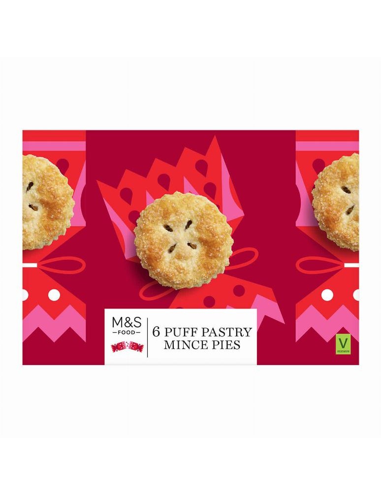 6 koláčků z máslového (21 %) listového těsta plněných ovocnou směsí se sušenými plody vinné révy (14 %)