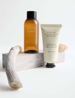 Sada krému na ruce, sprchového gelu, koupelových solí a difuzéru řady Calm z kolekce Apothecary pro zklidnění + mycí houbička z 