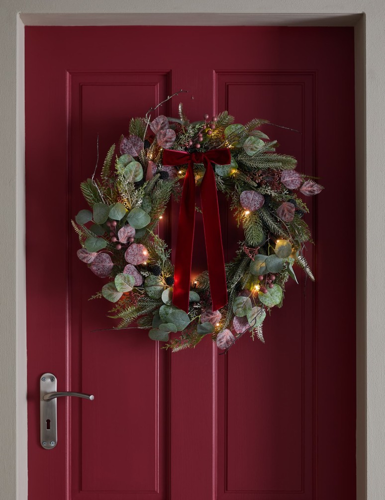 Pre-Lit Frosted Fruit Bow Wreath