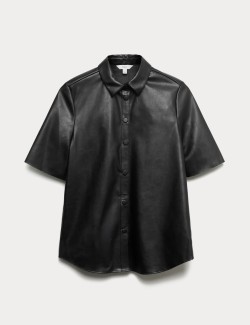 Faux Leather Collared Button Through Shirt