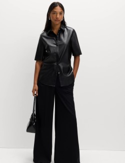 Faux Leather Collared Button Through Shirt