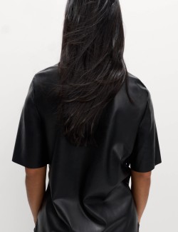 Faux Leather Collared Button Through Shirt