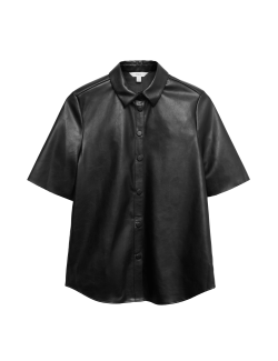 Faux Leather Collared Button Through Shirt