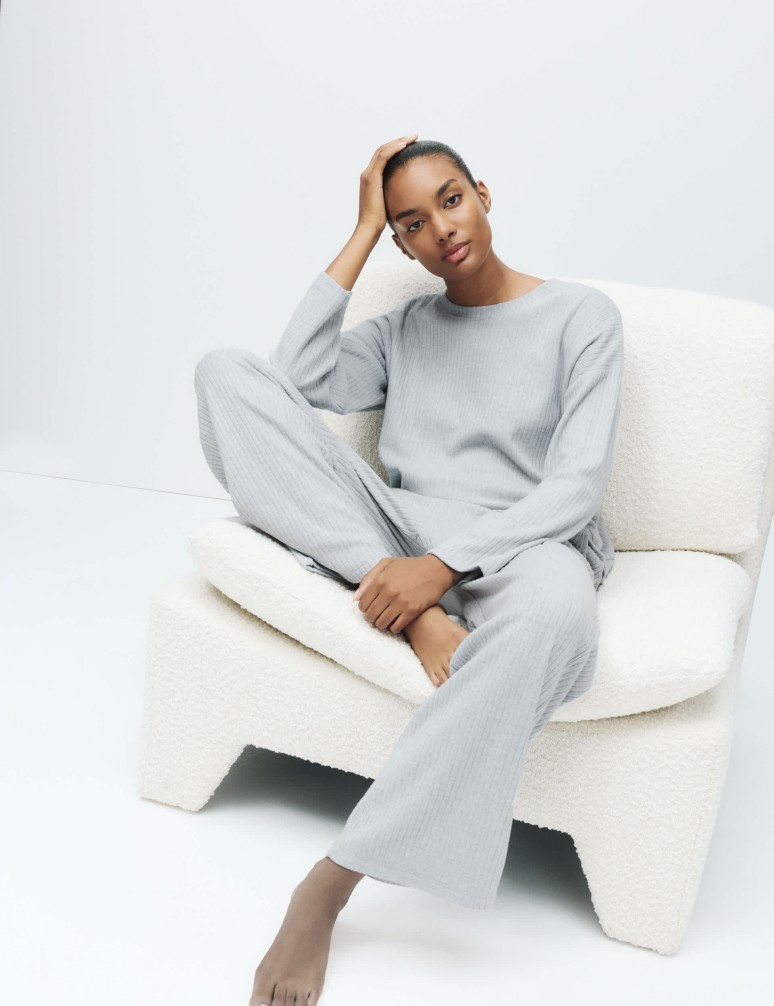 Ribbed Wide Leg Pyjama Bottoms