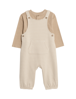 Dvoudílné pruhované kalhoty z čisté bavlny s laclem (0–3 roky)