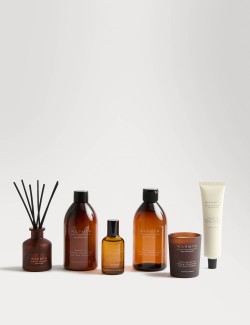 Sada parfémové vody, sprchového gelu, tělového mléka, krému na ruce, vonné svíčky a difuzéru řady Warmth z kolekce Apothecary pr