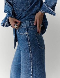 Denim Embellished Studded Wide Leg Jeans