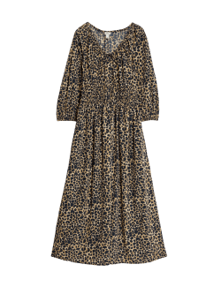 Midi šaty se zvýrazněným pasem, řasením, výstřihem do V a zvířecím potiskem