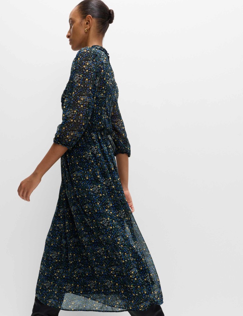 Květované nabírané midaxi šaty se zvýrazněným pasem a řasením