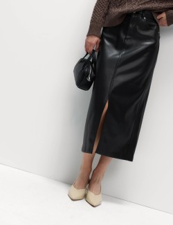 Koženková áčková midi sukně s rozparkem vpředu