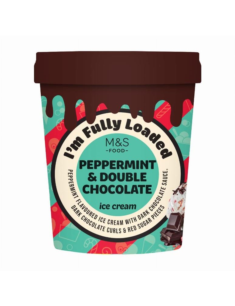 Zmrzlina s mátovou příchutí, s omáčkou z hořké čokolády (21 %), kousky cukru (5 %) a hoblinkami hořké čokolády (4 %)