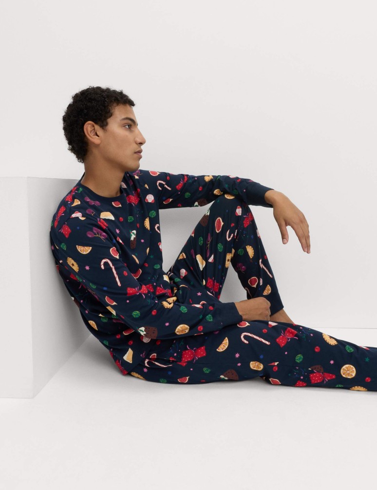 Vánoční domácí pyžamová souprava s motivem jídla z čisté bavlny