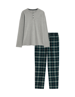 Kostkovaná pyžamová souprava z čisté bavlny s rozhalenkou