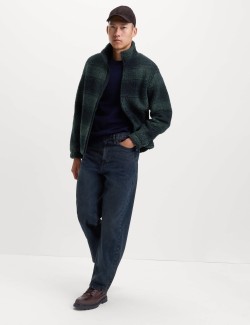 Flísová žakárová bunda na zip s kostkovaným vzorem