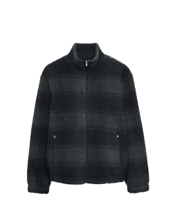 Flísová žakárová bunda na zip s kostkovaným vzorem