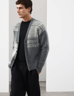 Merino Wool Rich Checked Cardigan with Mohair