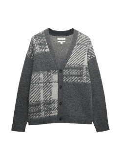 Kostkovaný kardigan s vysokým podílem vlny merino a mohérem