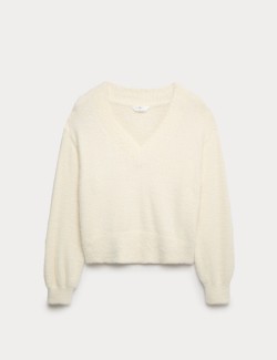 Pohodlný pletený péřový pyžamový top s výstřihem do V