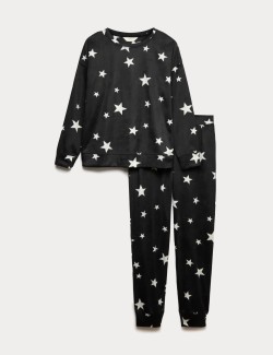 Flísová pyžamová souprava s potiskem hvězd a kalhotami s manžetovým lemem