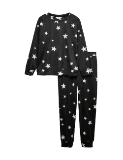 Flísová pyžamová souprava s potiskem hvězd a kalhotami s manžetovým lemem
