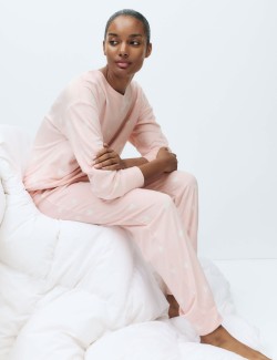 Flísová pyžamová souprava s potiskem hvězd a kalhotami s manžetovým lemem