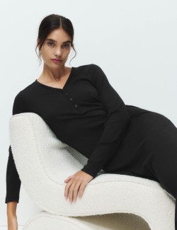 Ribbed Henley Long Sleeve Long Nightdress