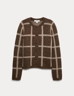 Checked Crew Neck Cardigan With Wool