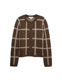 Checked Crew Neck Cardigan With Wool