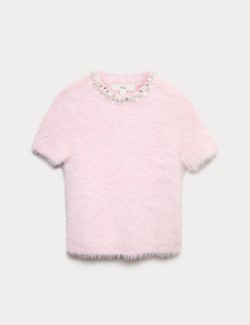 Pletený top s ozdobným kulatým výstřihem