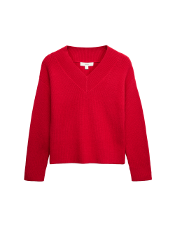 Žebrovaný volný svetr s výstřihem do V