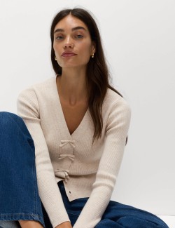 Kardigan s výstřihem do V, ozdobnou mašlí a žebrováním