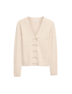 Kardigan s výstřihem do V, ozdobnou mašlí a žebrováním