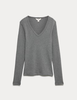 Cotton Rich Ribbed Plain V-Neck Slim Fit Top