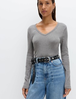 Cotton Rich Ribbed Plain V-Neck Slim Fit Top