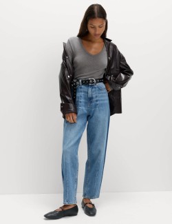 Cotton Rich Ribbed Plain V-Neck Slim Fit Top