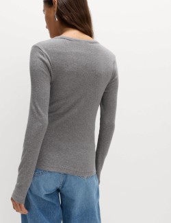 Cotton Rich Ribbed Plain V-Neck Slim Fit Top