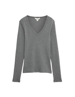 Cotton Rich Ribbed Plain V-Neck Slim Fit Top