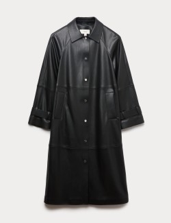 Faux Leather Collared Longline Car Coat