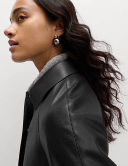 Faux Leather Collared Longline Car Coat