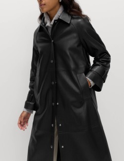 Faux Leather Collared Longline Car Coat