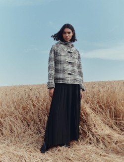 Kostkovaný kabát s kapucí a vlnou